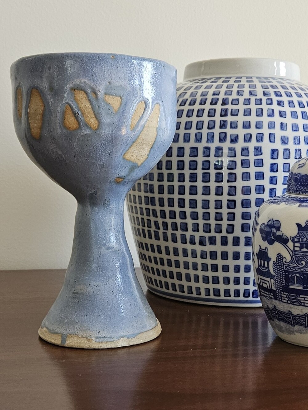 Vintage Studio Pottery Blue Pedestal Planter Vase Handmade Ceramic